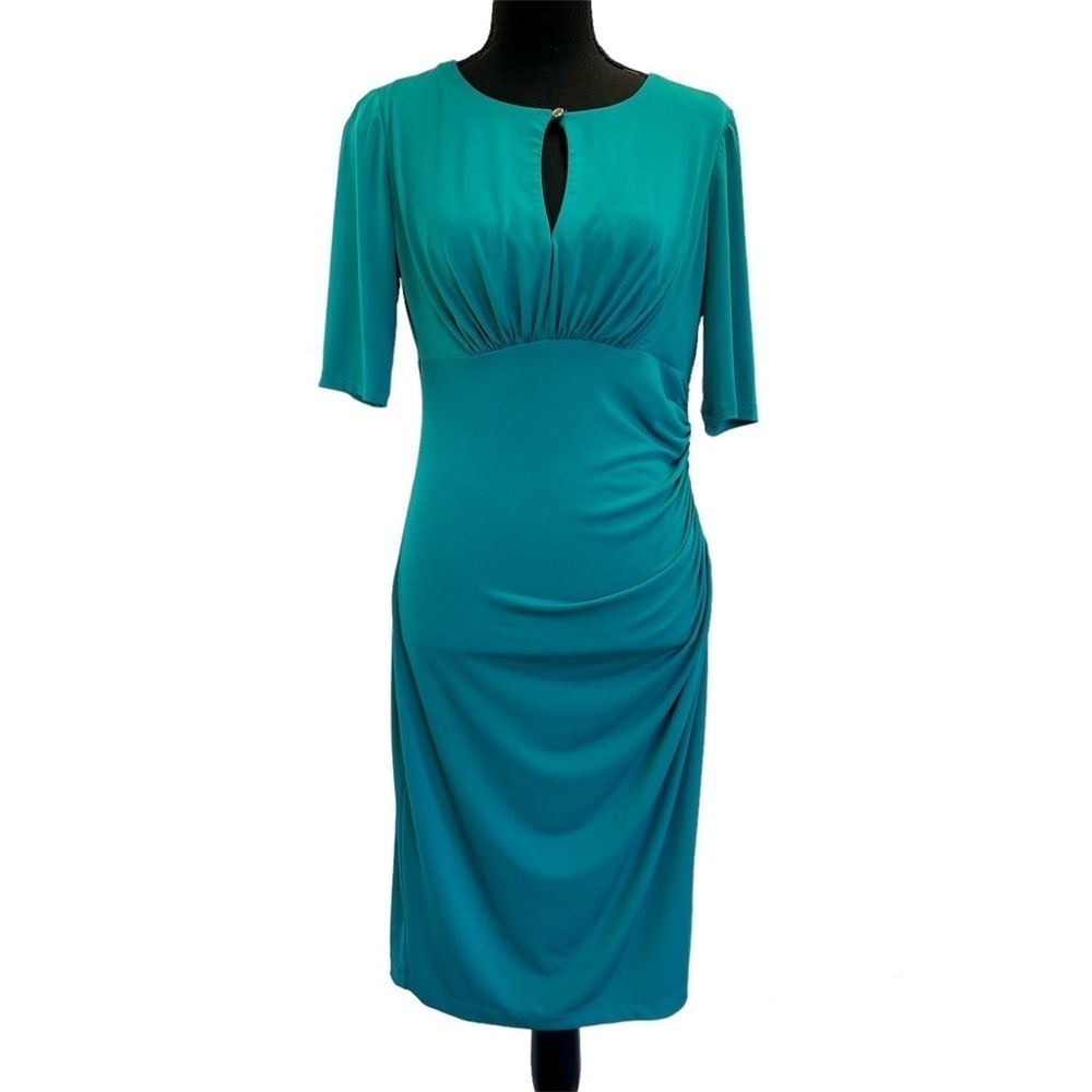 LONDON times teal blue aquamarine keyhole ruched short sleeve bodycon dress 10